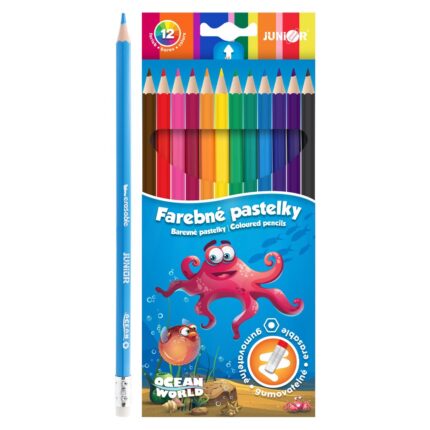 Pastelky JUNIOR Ocean World šesťhranné/gumovateľné - sada 12 ks