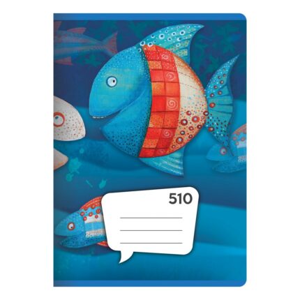 obal zošitu A5 modrý s veľkou kreslenou rybou