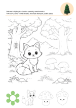 omaľovanka, lesný svet, stromy a rozkošná líška. V pravej časti je listnatý strom nakreslený bodkovano na dokreslenie.