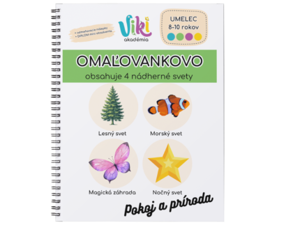 omaľovankovo kreativna omaľovanka pre deti od 8 do 10 rokov, level umelec na prednej strane zobrazené štyri svety - lesný svet, morský svet, magická záhrada, nočný svet